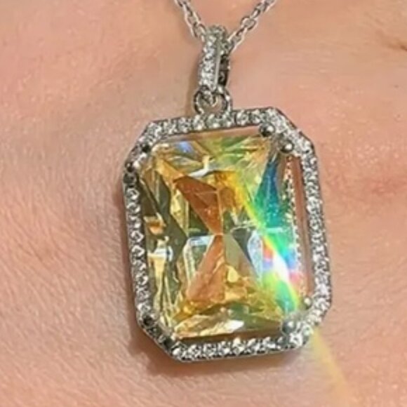 Elegant Rectangle Yellow & White Cubic Zirconia Pendant Statement Necklace - Picture 3 of 5